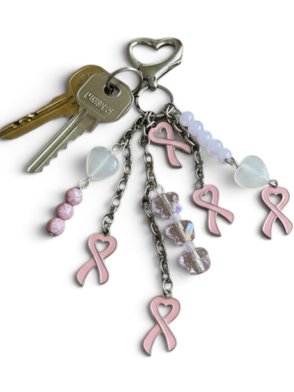 HAND CRAFTED BREAST CANCER AWARENESS BAG CHARM Pink Ribbon Purse Clip Key Chain